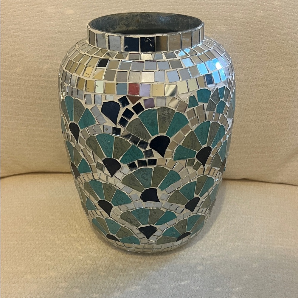 Artisan Mosaic Vase with Teal and Silver Accents